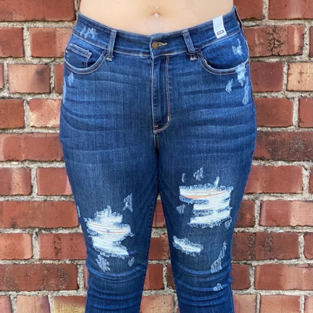 Judy Blue Shark Bite Hem Mid Rise Distressed Skinny